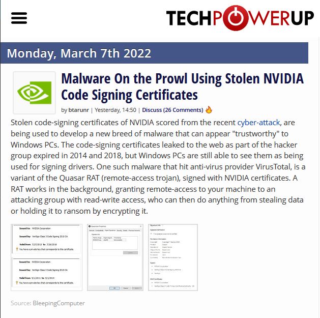  Lapsus$组织泄露黑客攻击英伟达的数据 被盗的代码签名证书被用来部署病毒