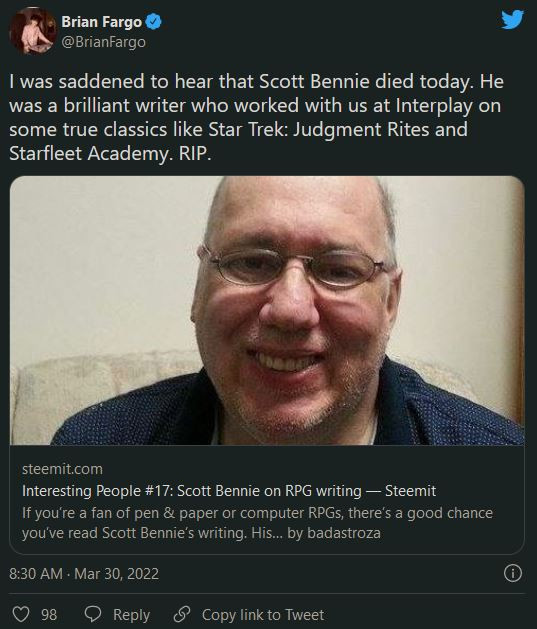 《辐射》编剧Scott Bennie因肺炎导致的并发症去世 许多游戏开发者纷纷写下悼词对其赞扬