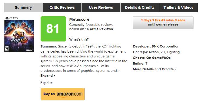 《拳皇15》首批媒体综合评分81分，将于2月17日发售